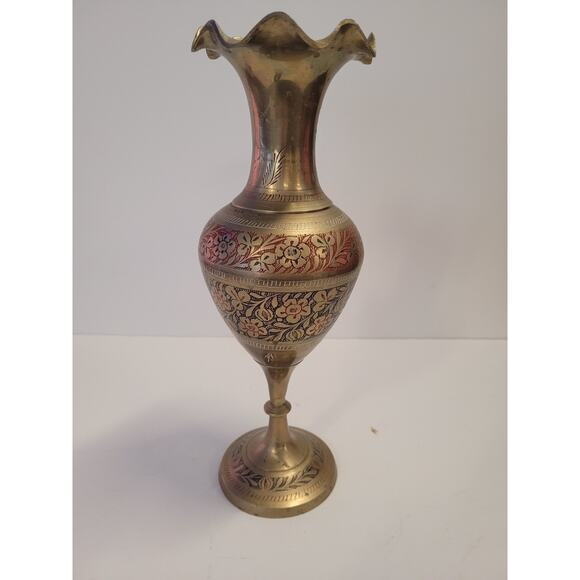 Vintage Brass Vase Handmade Etched Solid Floral Design Color Engraved Decor 12" - Picture 2 of 9